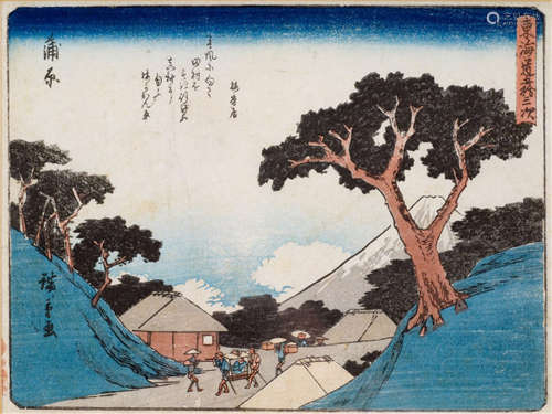 ANDO HIROSHIGE I (Japan, 1797-1858), a woodblock print from the series 'Tôkaidô gojusan tsugi' with title: Kambasa (16). Publisher: Sanoya Kihei - Provenance: Property from an old German family collection, purchased in Hongkong before 1920 by descent to the present owner - Minor wear, slightly stained, framed and glazed