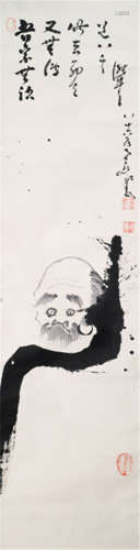 NAKAHARA NANTENBÔ (Japan, 1839-1925), a painting of Daruma and a script relating to the fact that Bodhidharma brought the Zen Buddhism from India to China. Ink on paper. Signed: Hachijûroku-ô (old man at the age of 86) Nantenbo Tôshu, Seal: Nantenbô, Hakugaikutsu and Tôshu - Provenance: Purchased from Kunsthandel Klefisch, Cologne, Sale 12, 02./03.06.1978, no. 239 - Mounted as hanging scroll with wood ends, wood box with inscription of priest Kaiseizan, who confirms the authenticity of the painting at the occasion of a Nantenbô exhibition, in 1952