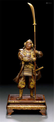 A MIYAO BRONZE FIGURE OF A SAMURAI, Japan, signed Miyao zô, Meiji period, finely cast as a standing samurai with fierce facial expression, the back of his coat decorated with a phoenix and floral patterns, holding a halberd and carrying a sword - German family property, acquired between 1960 and 1990 - Minor wear, mounted on lacquered wood base, lacking helmet decoration