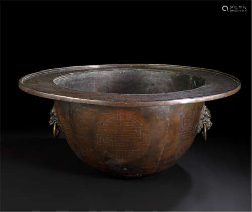 A LARGE COPPER-BRONZE BASIN WITH SILVER INLAYS