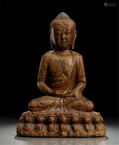 A RARE LIGHT WOOD FIGURE OF BUDDHA SHAKYAMUNI, CHINA, Ming dynasty, possibly Yongle period