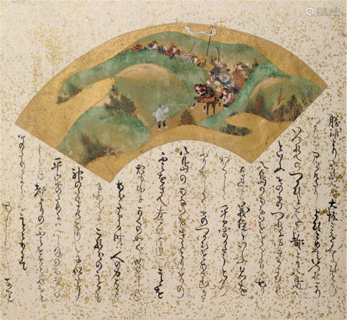 TOSA MITSUMOTO (Japan, 150-1569), an album page with a fan painting and a scene from the 'Tale of Genji'. Yoshitsune and his warriors crossing the pass of Osaka. Ink, colours and gold on paper, above a text passage on paper with gold sparkle - Provenance: Purchased from August Bödiger, Bonn, Exhibition Oct. - Nov. 1974, no. 43 - minor wear, backed - unframed