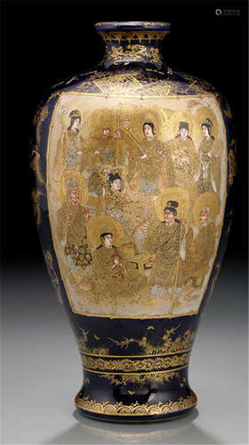 A SATSUMA VASE WITH BUDDHIST SCENES, Japan, marked at the base: Shimazu-mon and Dai Nihon kuni san Satsuma-yaki Shûho nanadaime Hakushûshin ga, seal: Hododa, Meiji period, decorated in various coloured enamels and gilt with two large panels depicting a temple and the Buddhist pantheon bordered by brocade patterns and fans with flowers in gilt on a deep blue ground - Minor wear to gold painting