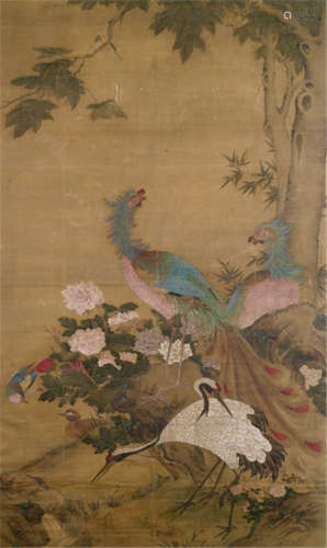 A FINE BIRD AND FLOWER PAINTING DEPICTING CRANES, PHOENIX AND MANDARIN DUCKS, China, Qing dynasty, 18th ct, signed 