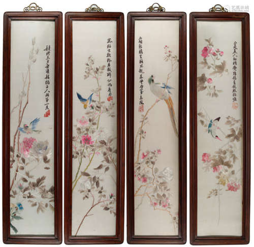 FOUR FRAMED FLOWER AND BIRD EMBROIDERIES