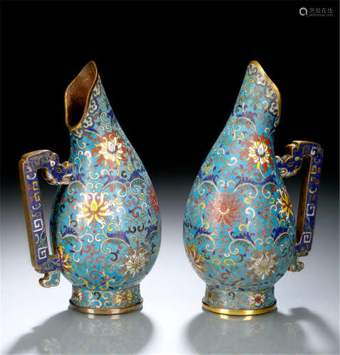 A PAIR OF CLOISONNÉ EWERS WITH A SLANTED SPOUT AND DRAGON HANDLES