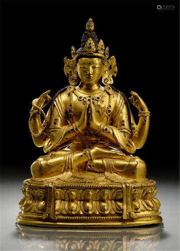 A GILT-BRONZE FIGURE OF SADAKSHARILOKESHVARA, TIBETO-CHINESE, Kangxi period