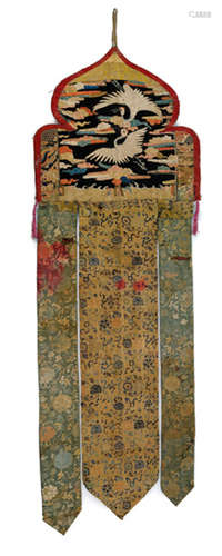 A PAIR OF TEMPLE HANGINGS MADE OF BROCADE WITH FLOWER PATTERN AND SILK EMBROIDERY OF CRANE, TIBET, 19th ct