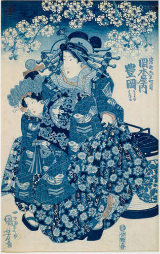 Utagawa Kuniyoshi (1797-1861) - The Courtesan Toyooka from Okamotoya, signed: Ichiyûsai Kuniyoshi ga, publisher: Sanoya Kohei, censor: kiwame -Provenance: Property from an old German family collection, purchased in Hongkong before 1920 by descent to the present owner - Minor wear, framed and glazed