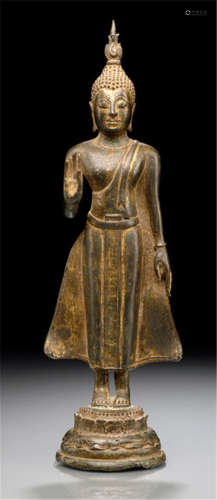 A BRONZE FIGURE OF A STANDING BUDDHA, Thailand, ca. 16th ct. - Property from an old Swiss private collection - Traces of age, minor wear