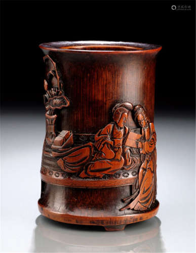 A FINE BAMBOO BRUSH POT WITH A RELIEF SHOWING THE QIAO SISTERS READING