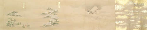 A FINE ANONYMOUS EMAKIMONO OF THE FAMOUS VIEWS OF JAPAN, Japan, late Edo period - Handscroll, ink and colours on paper, the individual sceneries with vertical name inscriptions set against a golden background. The topic of famous views around the country was very common in Japan and gives an impression of the places the elite culture would esteem to be important and worth visiting. Fine composition that enables to 