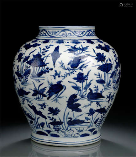 A BLUE AND WHITE JAR WITH DUCKS IN A LOTUS POUND, China, Jiajing period
