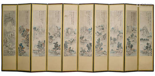 TWO FOLDING SCREENS WITH LANDSCAPE AND FIGURE PAINTINGS, Korea, 19th/20th ct. One screen with ten panels showing scholars, ink and colours on silk, signed: 