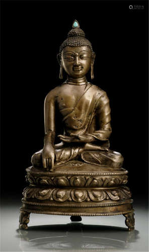 A BRONZE FIGURE OF BUDDHA SHAKYAMUNI, TIBET, 15th ct