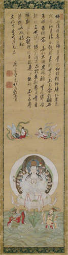 A BUDDHIST PAINTING DEPICTING KANNON WITH 'A THOUSAND' ARMS AND INSCRIPTION BY JAKUHO KENKO, ink and colour on silk, mounted as a hanging scroll, Japan, late Edo period - Property from an Austrian private collection - Minor traces of age, slightly stained, otherwise good condition