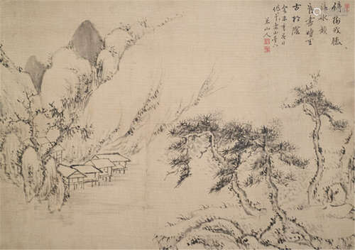 OKADA BEISANJIN (Japan, 1744-1820), a painting of a headland with pine trees and huts at a shore. Ink on silk. Inscription, dated: mizunoto-hitsuji (=1736), signed Beisanjin and three seals - Provenance: Purchased from Auktionshaus Lempertz, Cologne, Sale 680, no. 675 - Slightly stained, minor wear, mounted as hanging scroll with bamboo ends