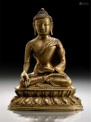 A GILT-BRONZE FIGURE OF BUDDHA SHAKYAMUNI, TIBETO-CHINESE, 18th ct