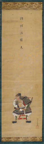SASAKI SHÔJUN, Japan, Meiji period, a painting of a samurai. Ink and colours on silk, signed: Sasaki Shôjun and seal: Shôjun - Property from an old South German private collection, acquired between 1970's and 1980's - Partly damaged due to age, mounted as hanging scroll with black lacquered scroll ends