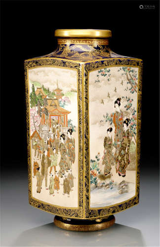 A SQUARE SHAPED SATSUMA EARTHENWARE VASE WITH FIGURAL DECORATION, Japan, signed: Fuzan, Meiji period - Property from a German private collection - Minor wear