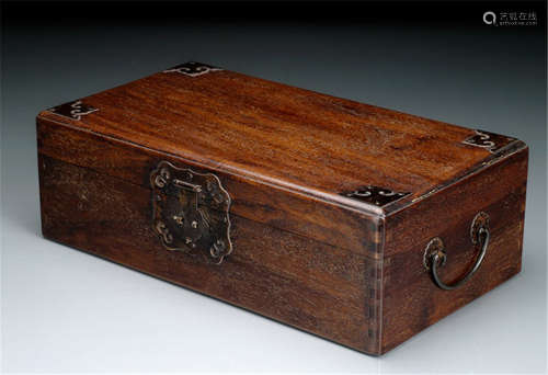 A HARDWOOD BOX AND COVER WITH BRONZE FITTINGS