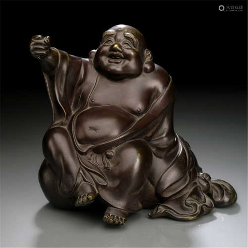 A BRONZE FIGURE OF HOTEI, Japan, Meiji period, seated on his bag, originally holding a fan in his raised right hand -  Provenance: Formerly part of an old North German private collection - Minor wear, fan lost