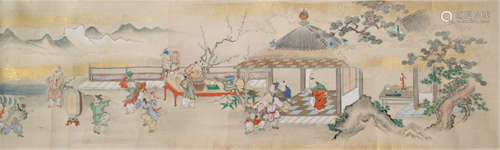 A FINE EMAKIMONO SHOWING BOYS AT PLAY THROUGHOUT THE FOUR SEASONS, Japan, Edo period, probably Kano school - Hand scroll, vivid colours on paper highlighted with gold. The vivid scroll painting displays 16 sceneries including all sorts of seasonal leasure such as dancing, flying kites, music, cock fight, fishing, reading, hunting or playing in the snow - Provenance: Purchased from Nagel Auktionen, Sale 27A , 22.05.2004. lot  2123 - Minor folds, otherwise good condition