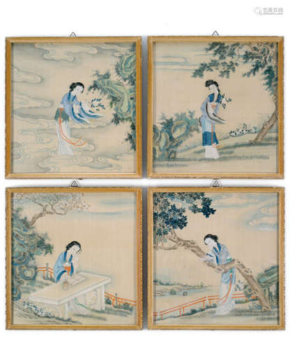 FOUR SILK PAINTINGS OF BEAUTIFUL LADIES IN THE GARDEN