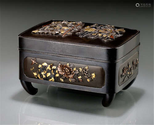 A FINE COLOURED METAL BOX AND COVER, Japan, Meiji period, the cover decorated with a group of warriors, the sides with floral panels, details accentuated with gold, silver, copper and shakudo - Minor wear, inside of box and cover old collector's number