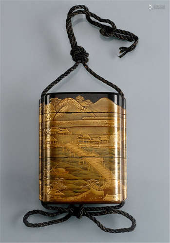 A FOUR-CASE LACQUER INRO, Japan, 18th Ct., decorated in various gold lacquer techniques on black lacquer ground, depicting a tempel site next to a lake with a montagnous background - Slightly damaged