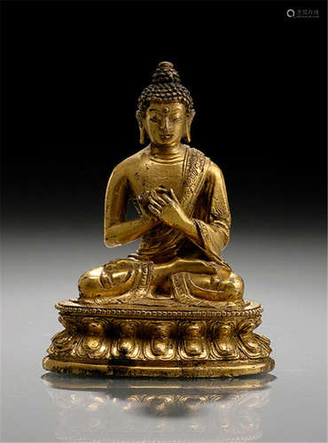 A GILT-BRONZE FIGURE OF BUDDHA SHAKYAMUNI, TIBETO-CHINESE, 18th ct