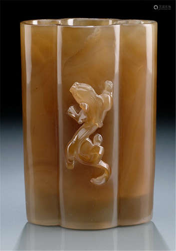 A LOBED AGATE BRUSH POT WITH TWO CHILONG CARVINGS, China, Qing dynasty-Property from an important South German private collection, acquired at Koller, June 1979, lot 305-very slightly chipped
