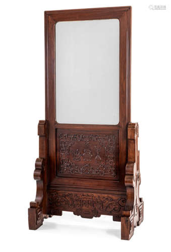 A CARVED HARDWOOD MIRROR STAND WITH DRAGONS AND ANTICS