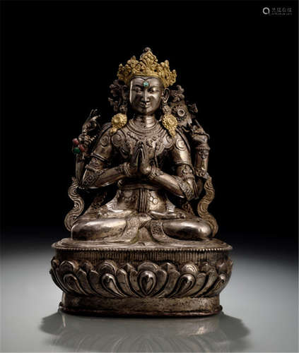 A LOW-ALLOY SILVER FIGURE OF SADAKSHARILOKESHVARA, BHUTAN, 19th ct