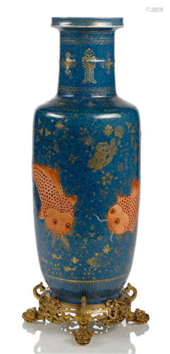 A POWDER BLUE AND GILT PAINTED ROULEAU VASE ON ORMOLU STAND