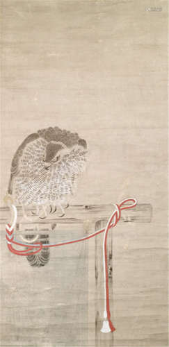AN ANONYMOUS PAINTER, Japan, Edo period, a painting of a hawk tethered to a perch, ink and colour on paper, most probably former part of a screen - Provenance: Purchased from Horst A. Rittershofer, Berlin, Sale 47, 27.04.1965, no. 1120 - Minor wear, partly slightly creased and rest., scroll ends lost, mounted as hanging scroll