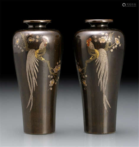 A PAIR OF BRONZE VASES, Japan, signed Nagamoto?, Meiji period, decorated with inlaid cockerels seated on sprays of cherry blossoms, details in gold and silver - Minor wear