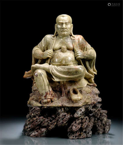 A LARGE SOAPSTONE LUOHAN SVAKA ON STAND