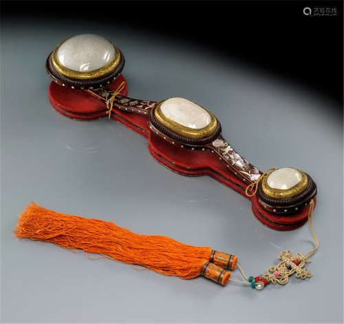 A WOOD AND CARVED WOODEN RUYI SCEPTRE WITH JADE PANELS AND MOTHER-OF-PEARL INLAYS