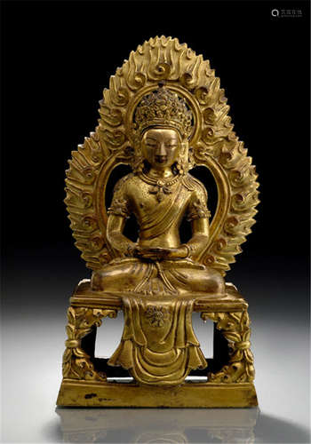 A GILT-BRONZE FIGURE OF AMITAYUS, TIBETO-CHINESE, 18th ct