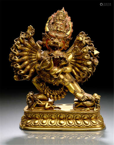 A FINE GILT-BRONZE FIGURE OF VAJRABHAIRAVA, TIBETO-CHINESE, 18th ct