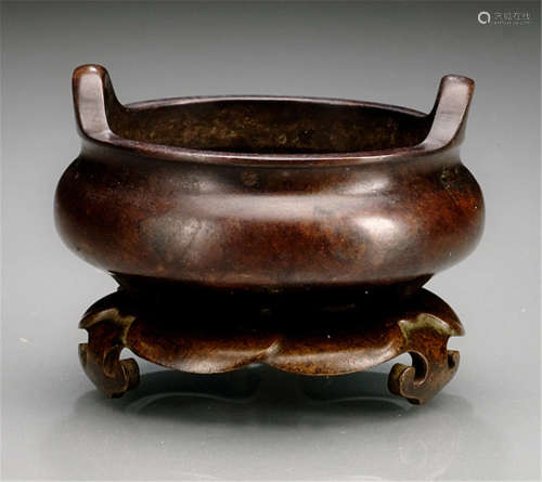 A SMALL BRONZE CENSER WITH BRONZE STAND