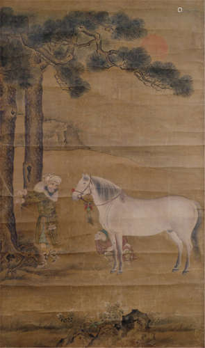 AN ANONYMOUS CHINESE SCHOOL PAINTING DEPICTING A WHITE HORSE AND TWO GROOMS, China, Qing dynasty-Ink and colours on silk, animal painting in Chinese manner with visible European influence-Provenance: Property from a French private collection, bought from Sotheby's London May 12th 2010, lot 216-Creases, folds, minor losses, framed under glass