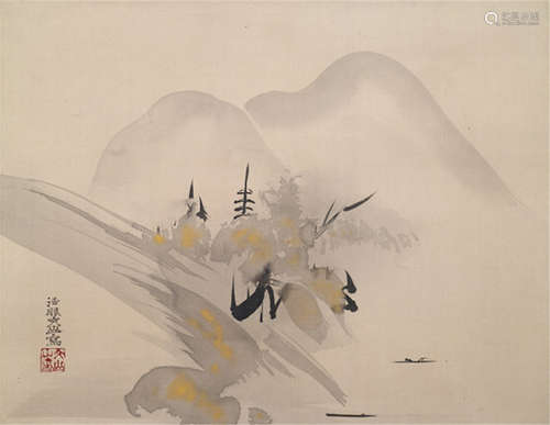 ATTRIBUTED TO MATSUMOTO KOZAN (Japan, 1784-1866), a painting of a landscape, ink and colour on paper. Signed and sealed: Hôgen Kozan - Provenance: Purchased from Kunsthandel Klefisch, Köln, Ausstellung von Blumen und Tieren, June 1986 - Minor wear, slightly stained, mounted as hanging scroll, inscribed wood box