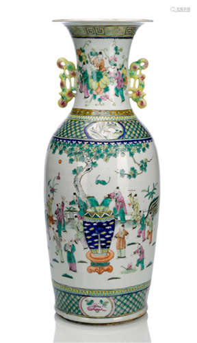 A LARGE PORCELAIN VASE WITH POLYCHROME DEPICTION OF PLAYING CHILDREN AND SLIGHTLY LOBED RIM