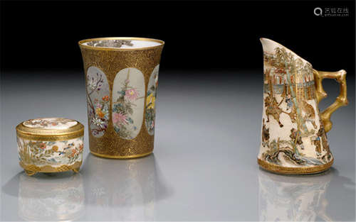 A SATSUMA BEAKER, A SMALL ROUND SATSUMA BOX AND COVER AND A SATSUMA MUG, Japan, Meiji period, the beaker marked Kutani Taniguchi, the box and cover: Shimazu-mon and Dai Nihon kuni san Satsuma-yaki Shûho nanadaime Hakushûshin ga; seal: Hododa. The small mug with seal under glaze: Han Kinzandô - Minor wear, the beaker with restored and one re-stuck rim chips, the mug slightly chipped