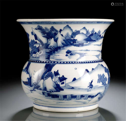 A BLUE AND WHITE PORCELAIN SPITTOON WITH SEA LANDSCAPE