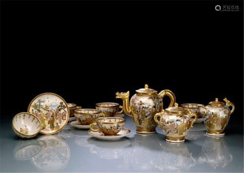 A NINE-PIECE SATSUMA TEA SERVICE WITH FIGURAL DECORATION AND DRAGON HANDLES, Japan, marked: Satsuma-yaki Hattori zô, Meiji period. Comprising one tea pot and cover, a milk jug and cover, a sugar pot and cover, six cups and saucers, enamelled and gilt with figural scenes. - Property from an Austrian private collection, acquired before 1990 - Minor chip to the Tea pot, very minor chip to one cup's foot, minor wear