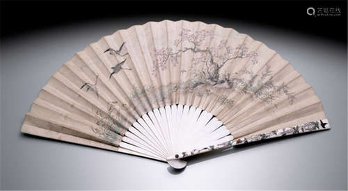 A FINE SHIBAYAMA FOLDING FAN DEPICTING BIRDS; FLOWERS AND BUTTERFLIES, Japan, Meiji period - Ivory sticks, the covers meticulously inlaid with mother-of-pearl and semiprecious stones - Provenance: Purchased at Nagel Auktionen, Stuttgart, Auktion 9A, 11.11.1995, No. 139 - Good condition