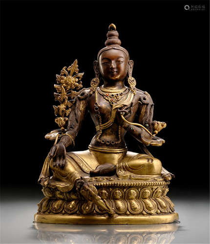 A PARCEL GILT-BRONZE FIGURE OF SYAMATARA, TIBETO-CHINESE, late 18th ct